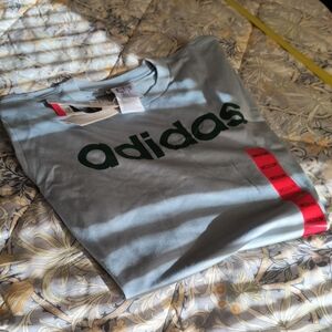 Adidas Men's Light Blue T-Shirt GREEN LOGO text Size M NWT